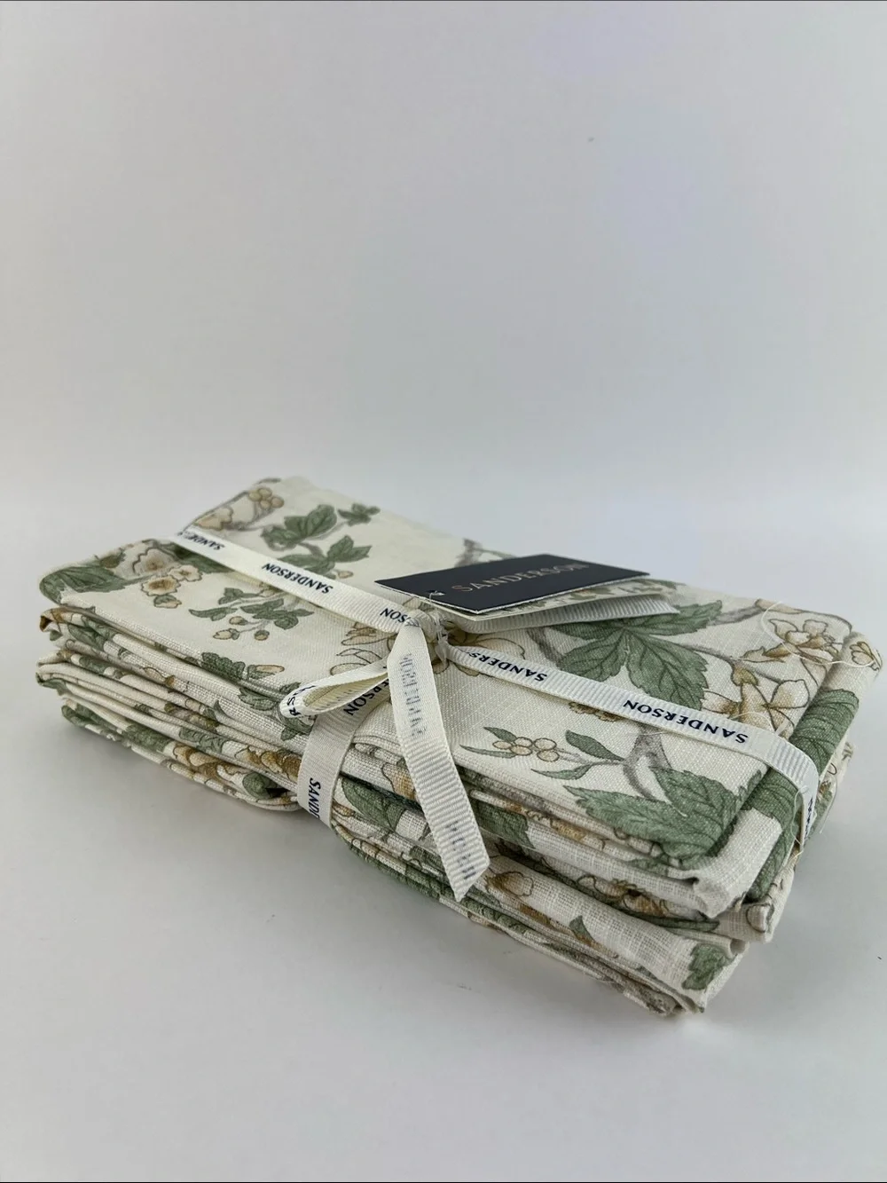 Sanderson Floral Linen Napkins in Green and Cream 100% Cotton Set of 8 NEW